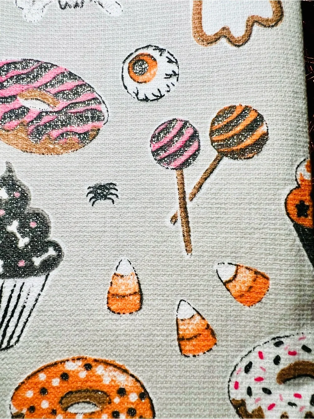 2 Halloween Sweets Kitchen Towels Candy Cookie Ghost Cupcake Donuts Glittered